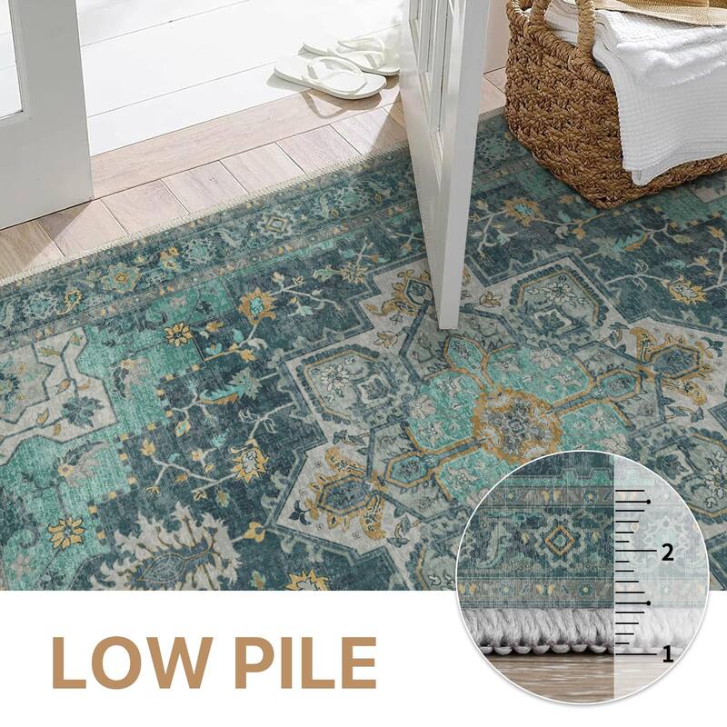 Mcow Green Floral Low Pile Machine Washable Non-Slip Area Rug