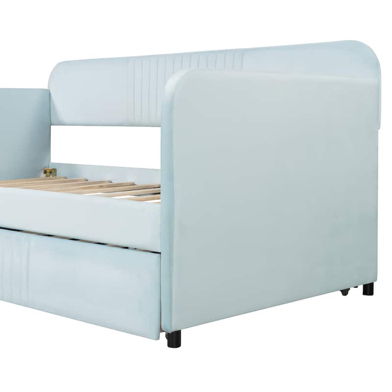 Light Blue Velvet Upholstered Twin Daybed with Trundle and Wood Slats