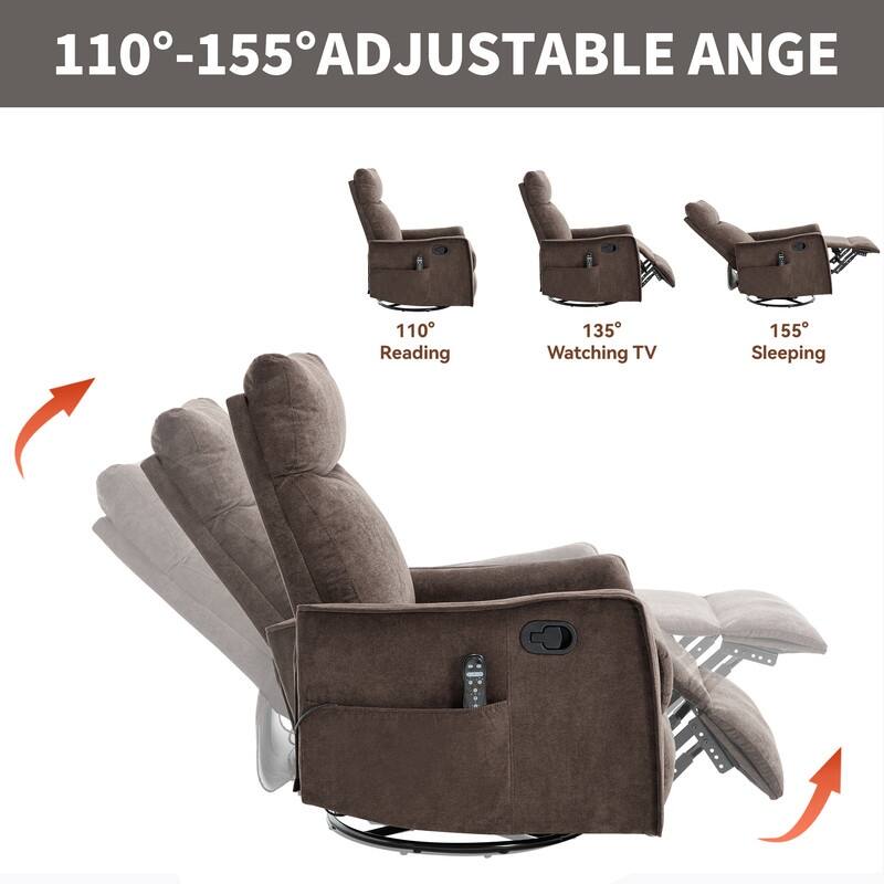 Heat Massage Manual Recliner Chair with Rocker and Swivel in Fabric for Living Room