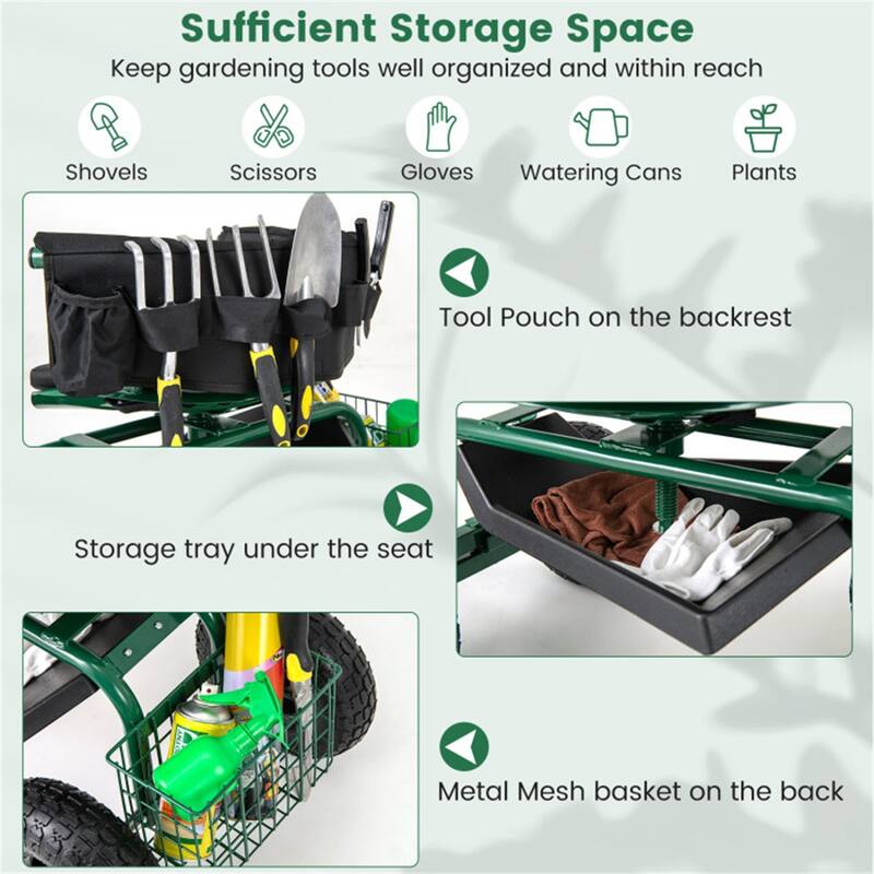 Adjustable Rolling Garden Cart with 360-Degree Swivel Seat Heavy-Duty Metal Frame Storage Basket - 35.5" x 24" x 23.5"-27"