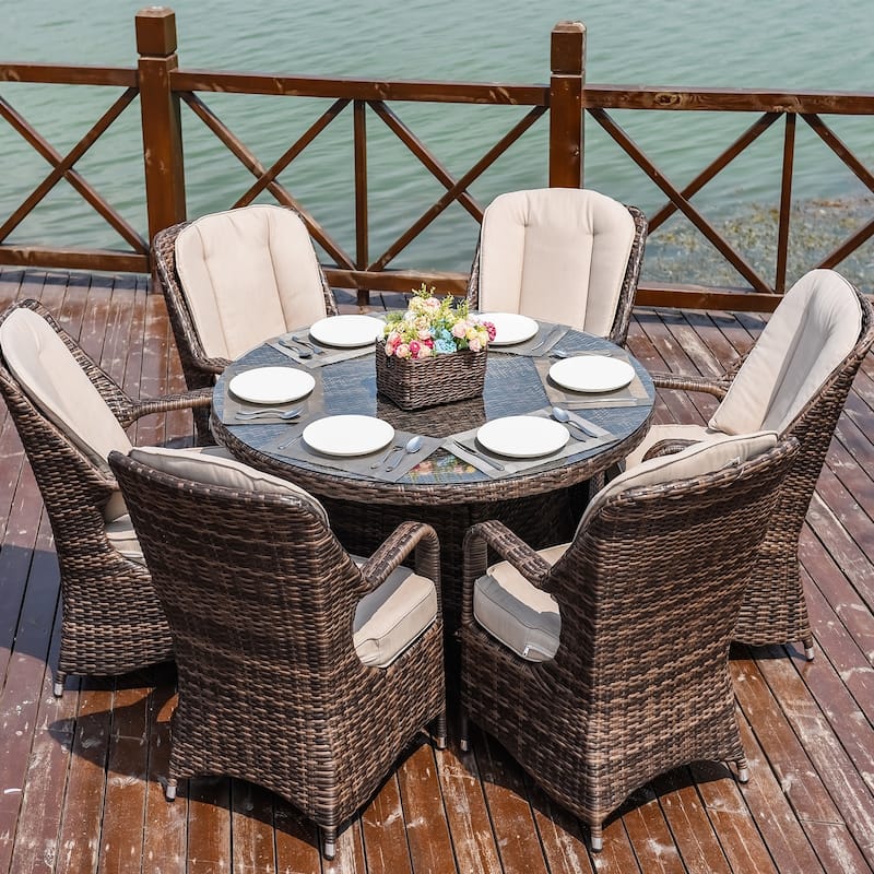 Abrihome 7-piece Outdoor Wicker Dining Table Set with 6 Eton Chairs