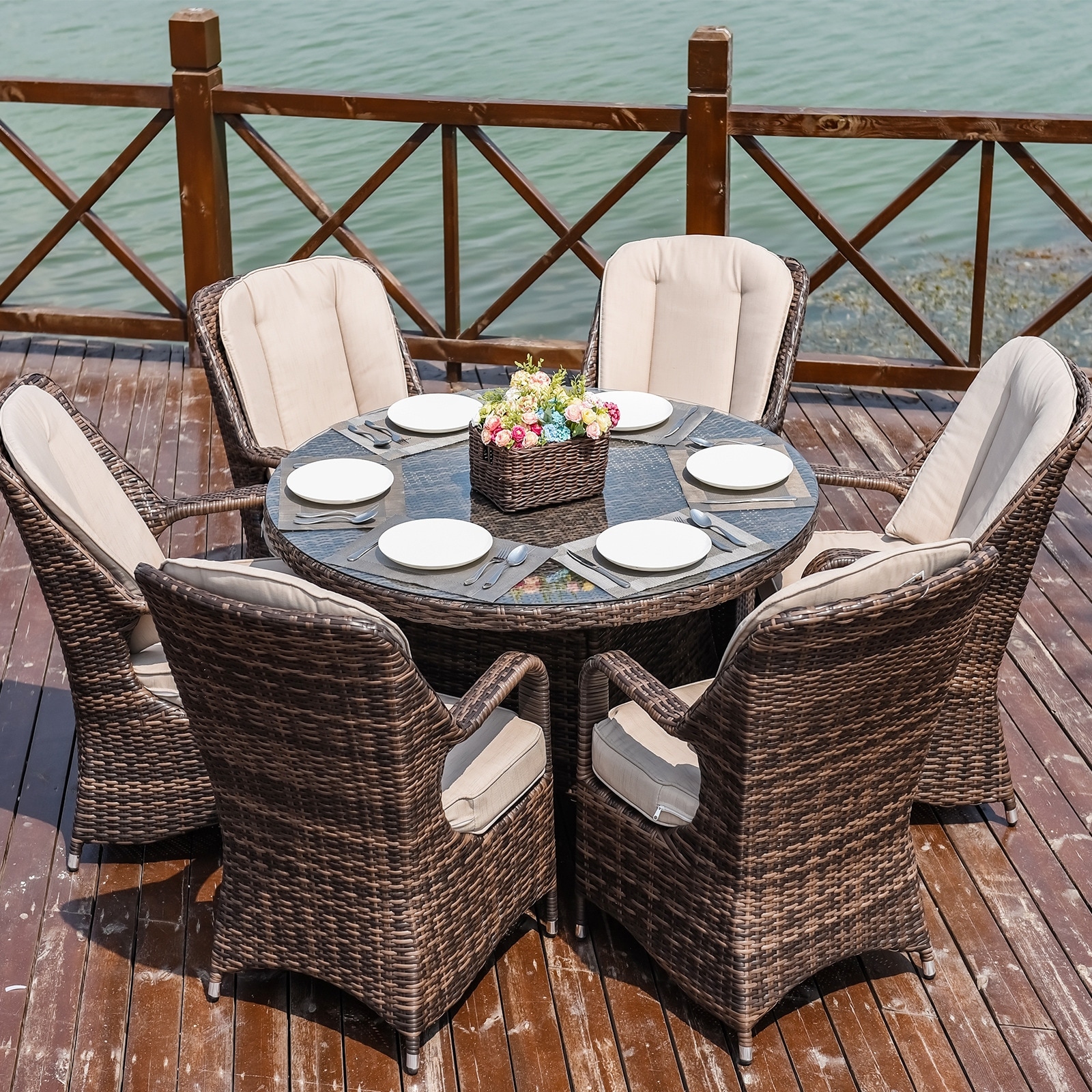 Abrihome 7-piece Outdoor Wicker Dining Table Set with 6 Eton Chairs