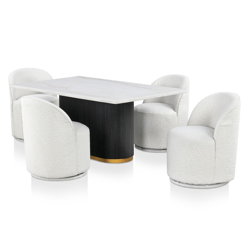 Furniture of America Torin Modern 5-Piece White Marble Top Dining Table Set with Swivel Chairs