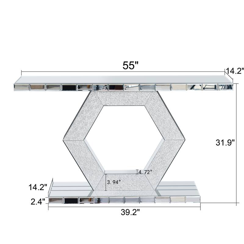 Roomfitters 55" Sparkling Crystal Mirror Console Table, Hexagon Diamond Glass Entryway Table with 2 Tiers, Silver