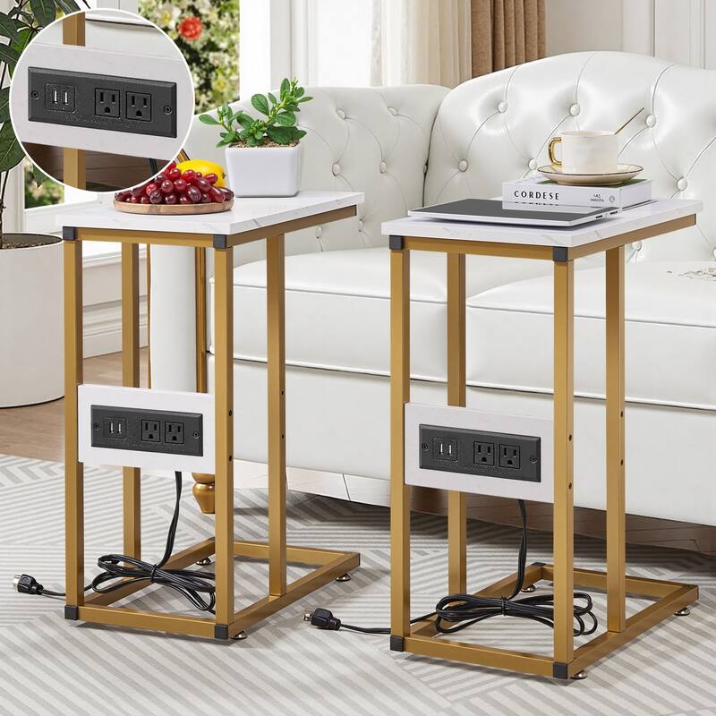 Javlergo Set of 2 C-Shaped Sofa Side Table, Small End Table for Living Room, Narrow Bedside/TV Tray Table - With Charging Station - Gold