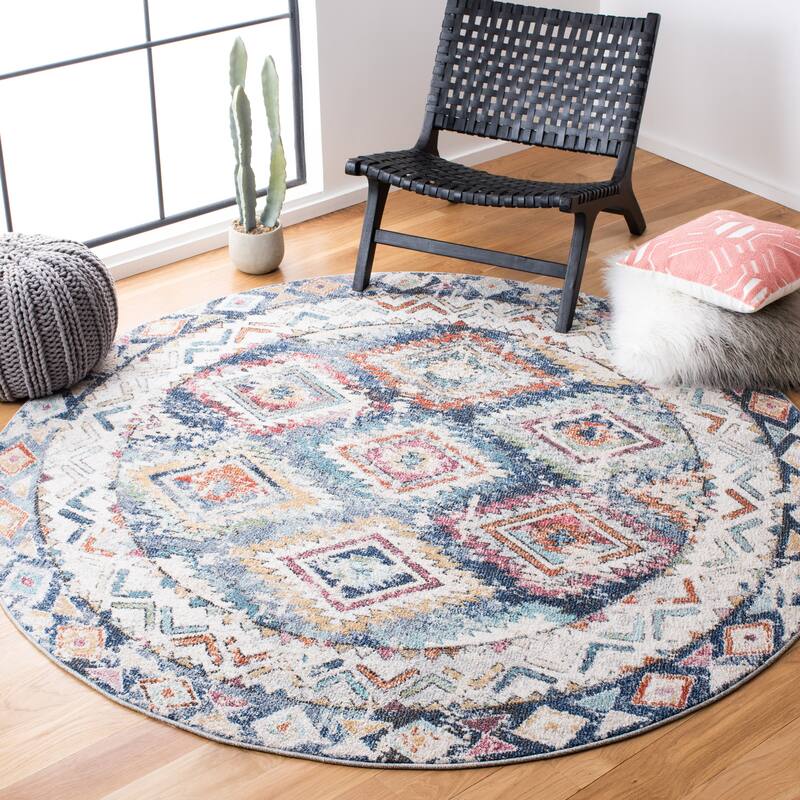 SAFAVIEH Phoenix Caldonia Moroccan Boho Distressed Rug - 6'7" Round - Blue/Ivory