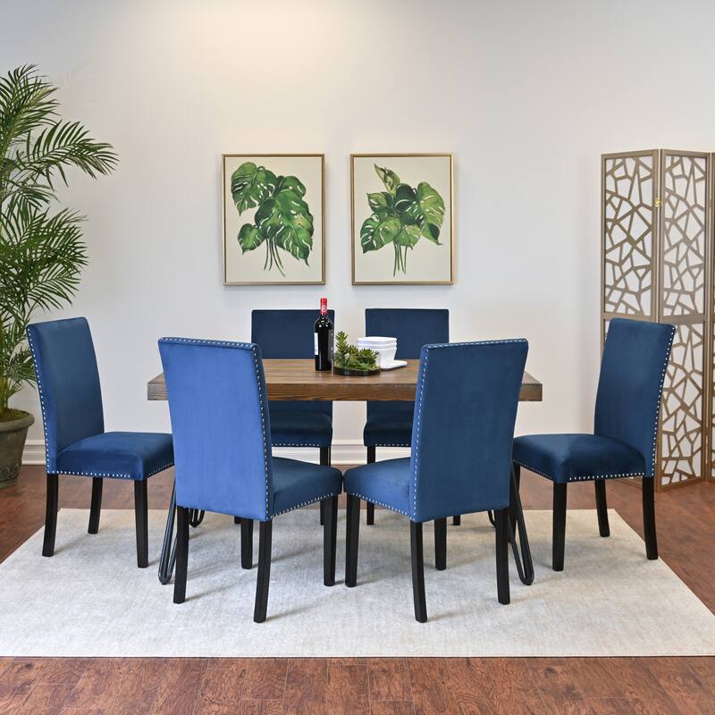Blue Velvet Upholstered Dining Chairs with Nailhead Trim, Rectangular Dining Table Set, Kitchen Table with Metal Hairpin Legs