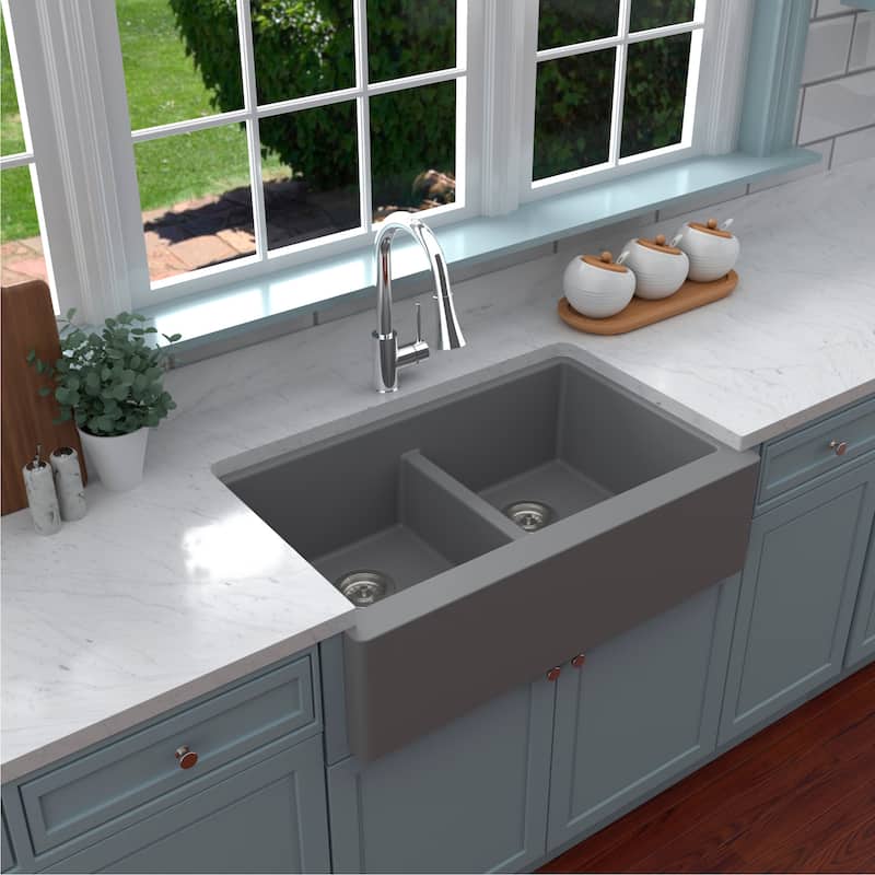 Karran Farmhouse Apron Front Quartz Double Bowl Kitchen Sink