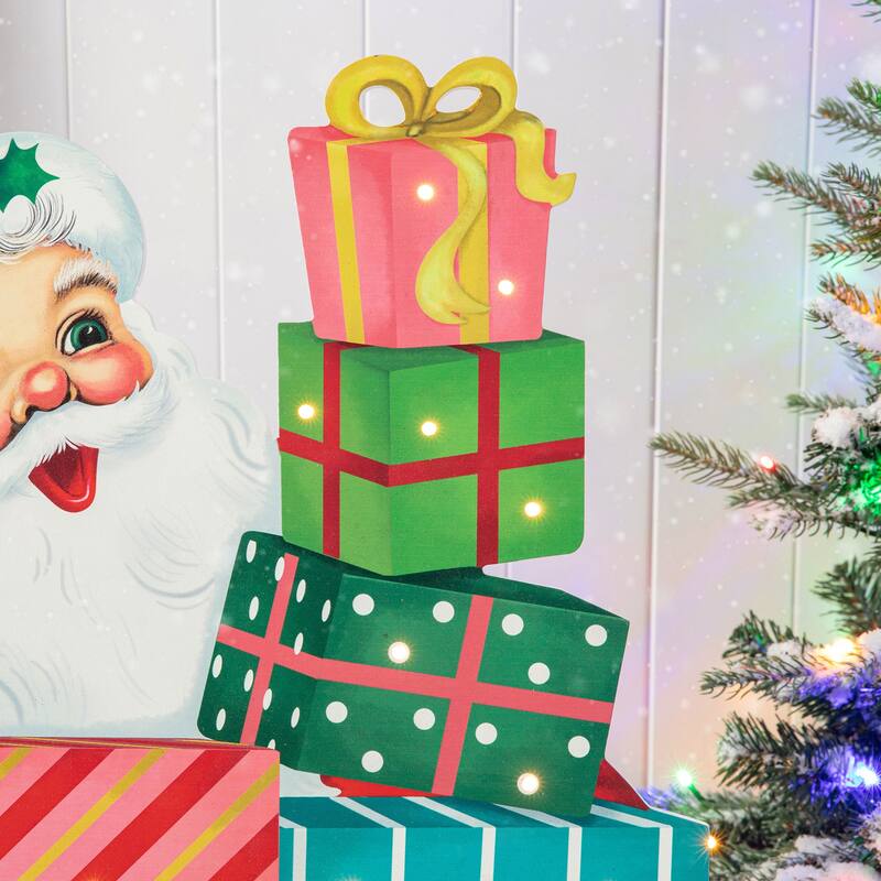 Glitzhome 36"H Lighted Wooden Santa Gifts Porch Decor