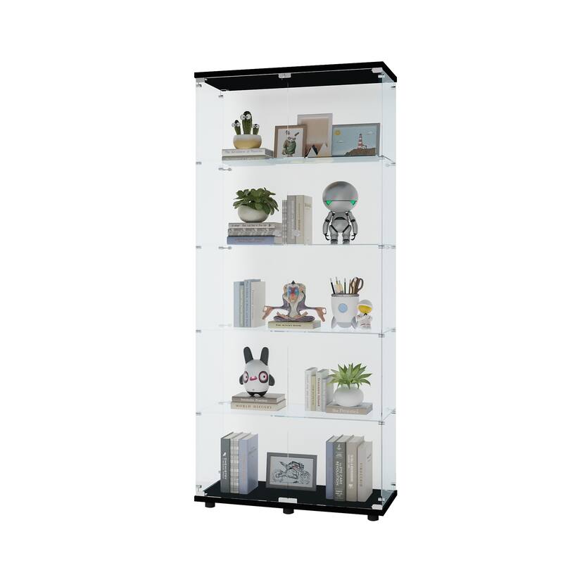 Glass Display Cabinet with 5-Shelves & 2 Doors, Floor Standing Curio Bookshelf, for Living Room Bedroom Study or Collection Room