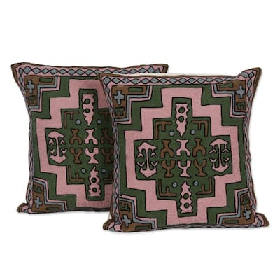 Novica Handmade Spring Geometry Chain Stitched Cotton Cushion Covers (Pair)