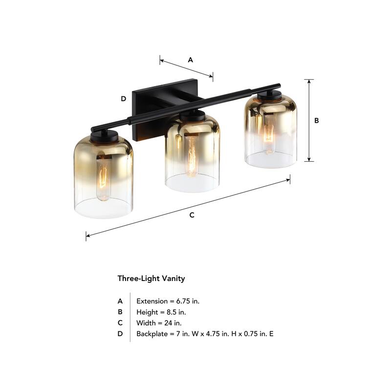 Gatsby 24 in. 3-Light Matte Black Vanity Light with Gold Ombre Shades for Bathrooms