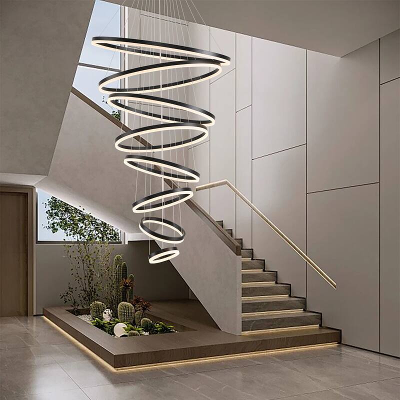 Modern Ring LED Chandelier Remote Control Dimmable Pendant High Ceiling Light Fixture