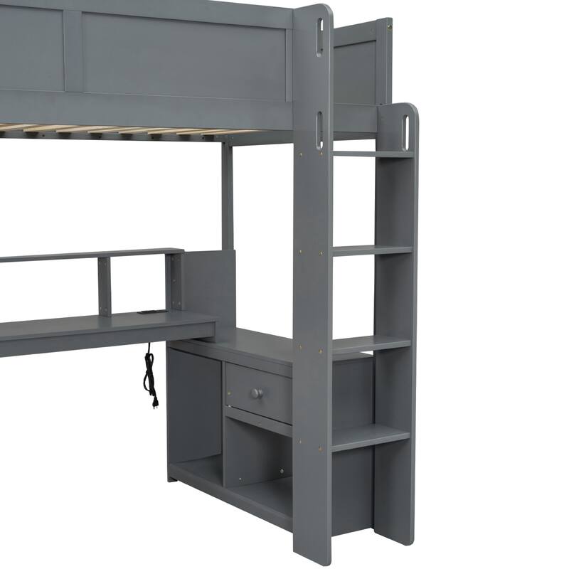 Full Size Loft Bed with Built-in Desk, LED Shelf Lighting, Charging Ports, and Storage Cabinet, Dark Gray Wood Frame