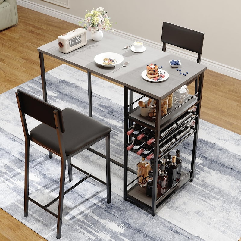 Dining Room Table with 2 Upholstered Chairs, Bistro Table and Chairs Set of 2 with Storage Shelves