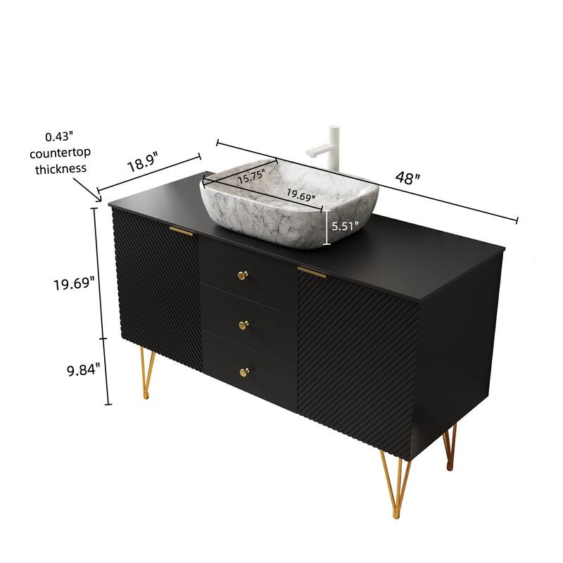 GDFStudio - Gema 48" Freestanding Bathroom Vanity with Black Sintered Stone Top, Gold Legs & Ceramic Basin