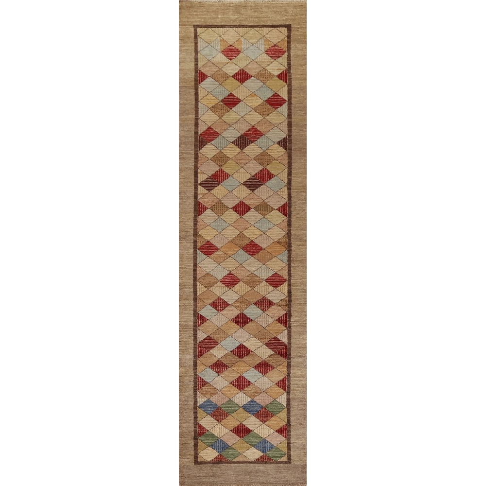 Hand Knotted Oriental 100% Wool Carpet Tribal Geometric Brown Gabbeh (kashkoli) Runner Rug - 10' 9'' X 2' 8''