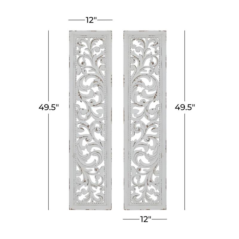 White Wood Handmade Slim Distressed Carved Panel Scroll Home Wall Decor (Set of 2)
