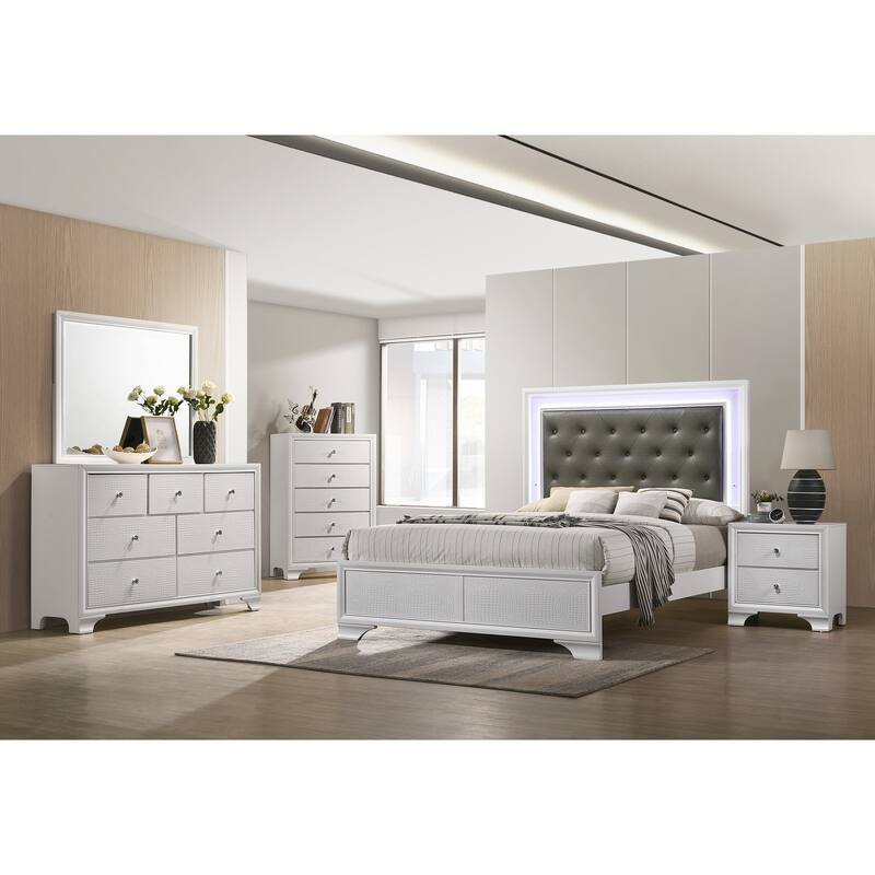 Kym 4 Piece Frost LED Faux Leather Upholstered Tufted Panel Bedroom Set - King