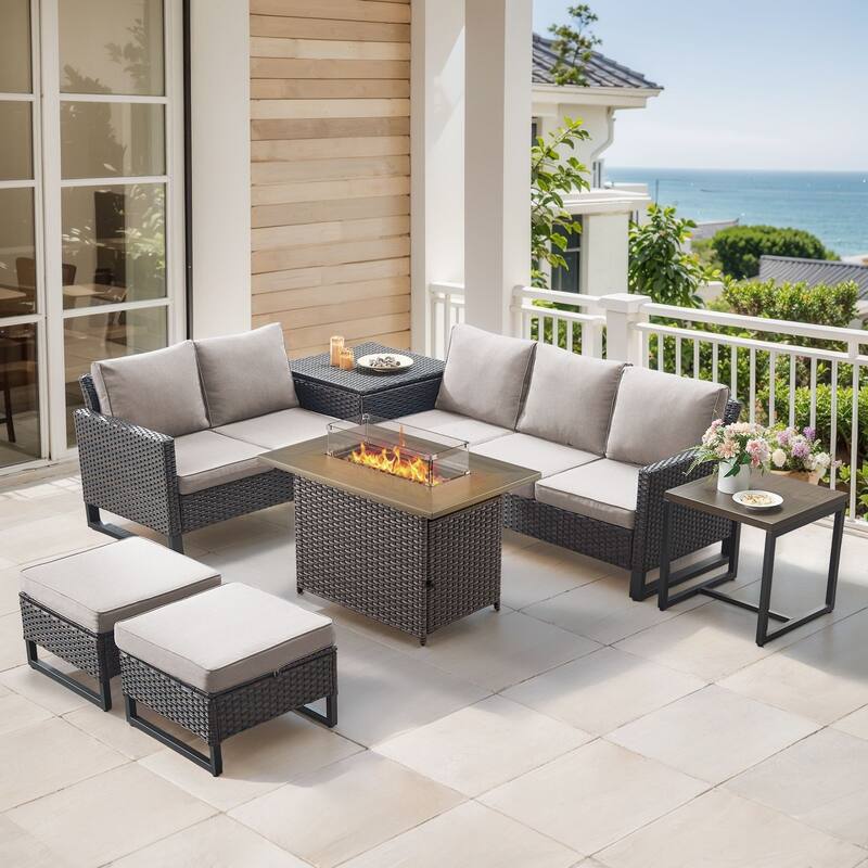 Gymojoy 7 Piece Wicker Outdoor Patio U-shaped feet Conversation Set Group , Include Fire Pit Table