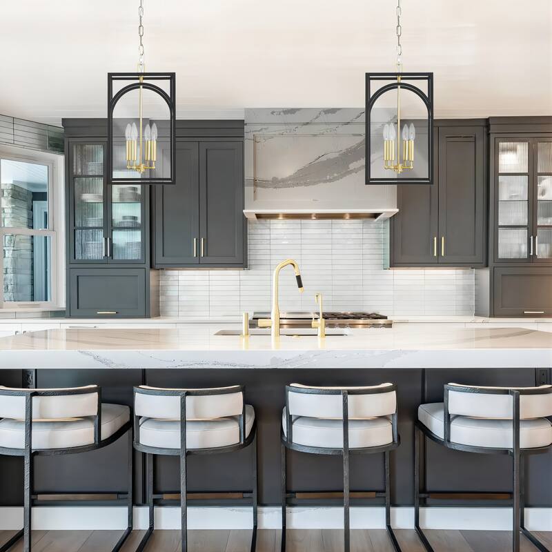 4-Light Mid-Century Modern Rectangular Lantern Candle Clear Glass Chandelier Kitchen Island Lighting - 11 in. W x 18 in. H x 11 in. D - Black