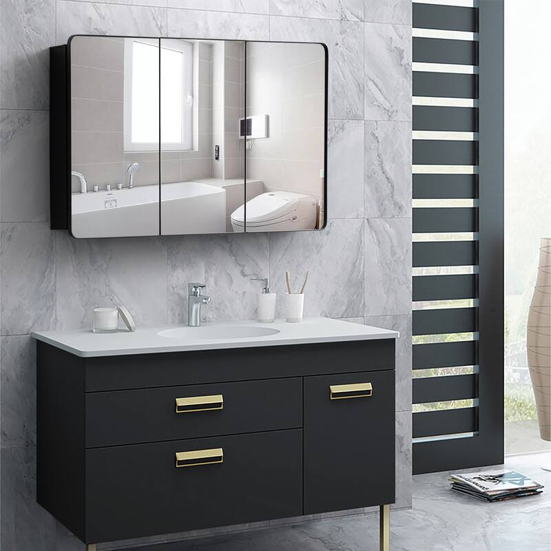 3-Door Bathroom Medicine Cabinet, Recessed Medicine Cabinet or Surface Mount, Mirrored Door Cabinet w/ Adjustable Glass Shelves