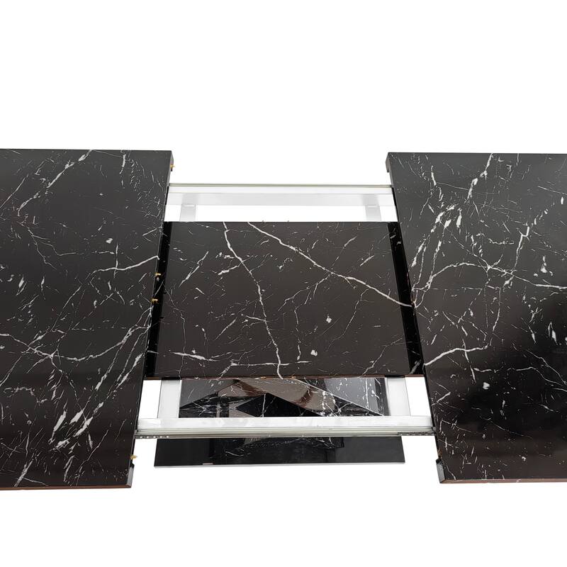 Modern Square Dining Table,Stretchable,Printed Marble Table Top+ X-Shape Table Leg with Metal Base
