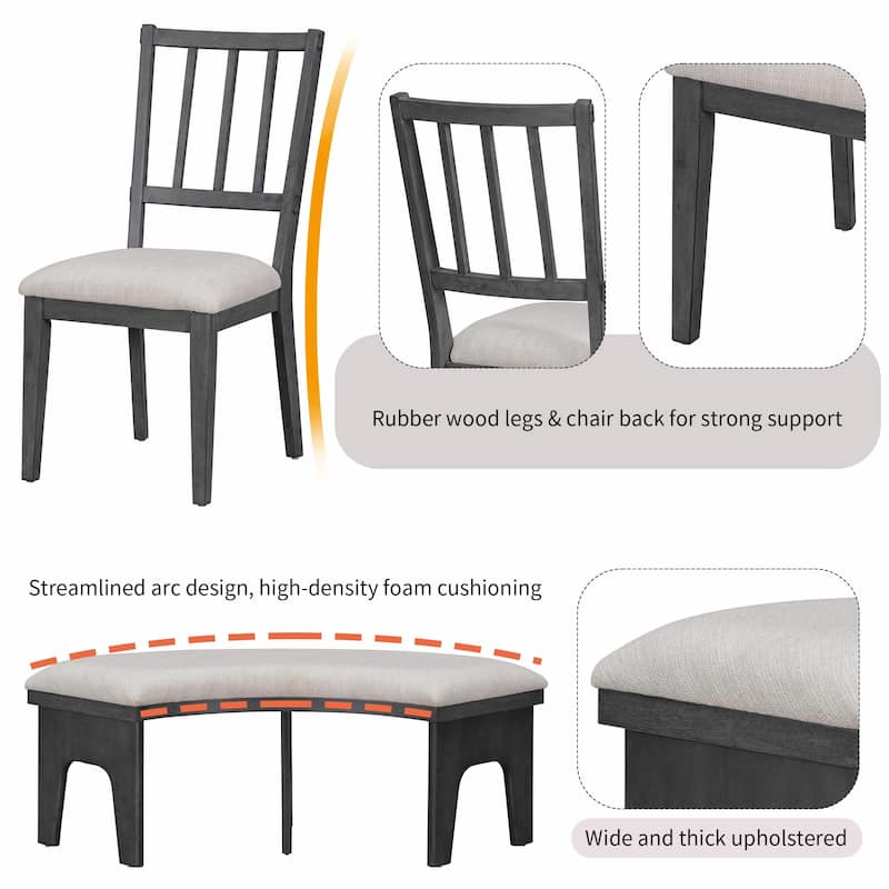 5-Piece Rustic Charm Round Dining Set - 3 Upholstered Chairs with Curved Bench