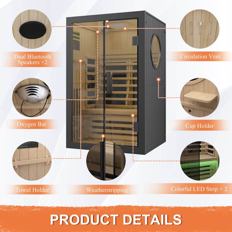 VEIKOUS 2-Person Hemlock Wood Infrared Sauna, 5 Carbon Panel 360° Heating Home Spa with Bluetooth, Oxygen Bar & Color Therapy