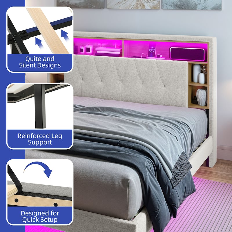King Size Floating Bed Frame with Bookcase Storage Headboard and RGB LED Lights