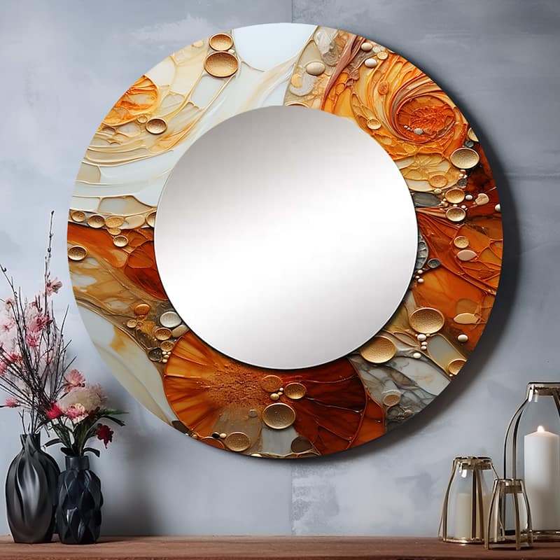 Designart "Encaustic Spirals I" Abstract Round Bathroom Mirror - Orange Modern Round Wall Décor