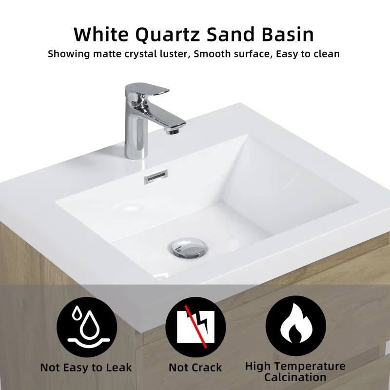 ABRUZZO 24" Floating Single Bathroom Vanity Wall-Mounted with Integrated Resin Top Basin 2 Soft Close Drawers Full Assembly