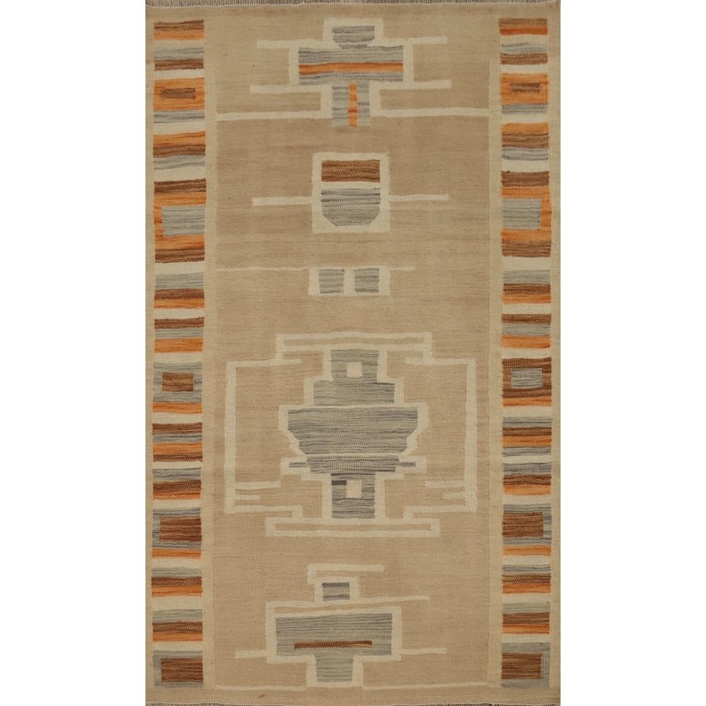 Hand Woven Oriental 100% Wool Carpet Southwestern Tribal Beige & Ivories Kilim Area Rug - 5' 0'' X 3' 5''