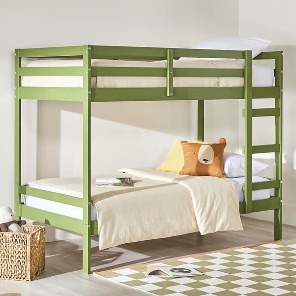 slide 2 of 6, Modern Simple Solid Wood Twin Over Twin Bunk Bed Green