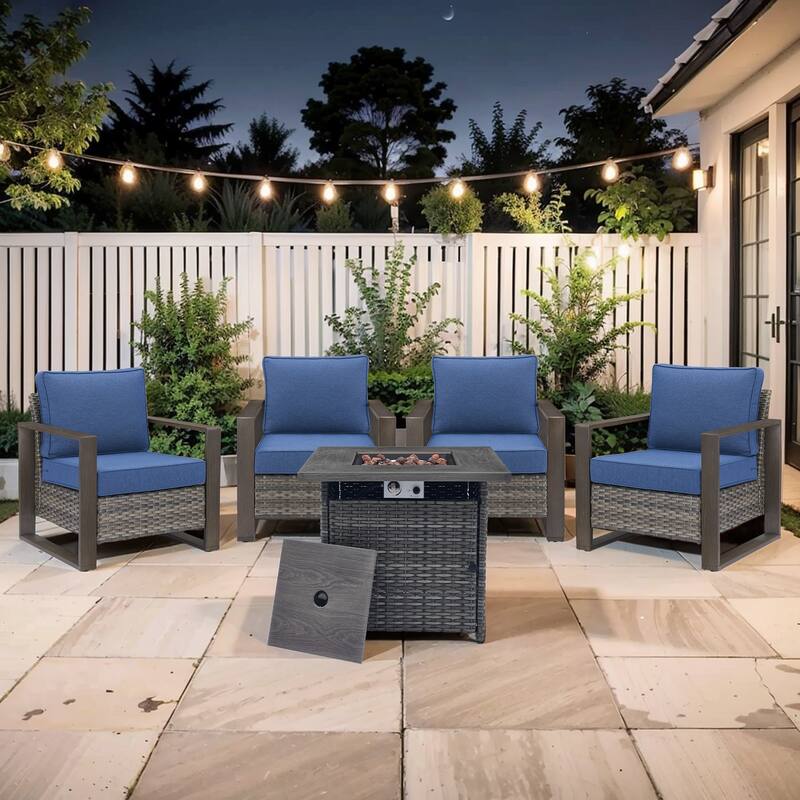 Pocassy Outdoor 30" Fire Pit Table with Sofa Swivel Chair Set - Grey Wicker Blue Cushion - 5-Piece Patio Chair with Suqare Fire Table