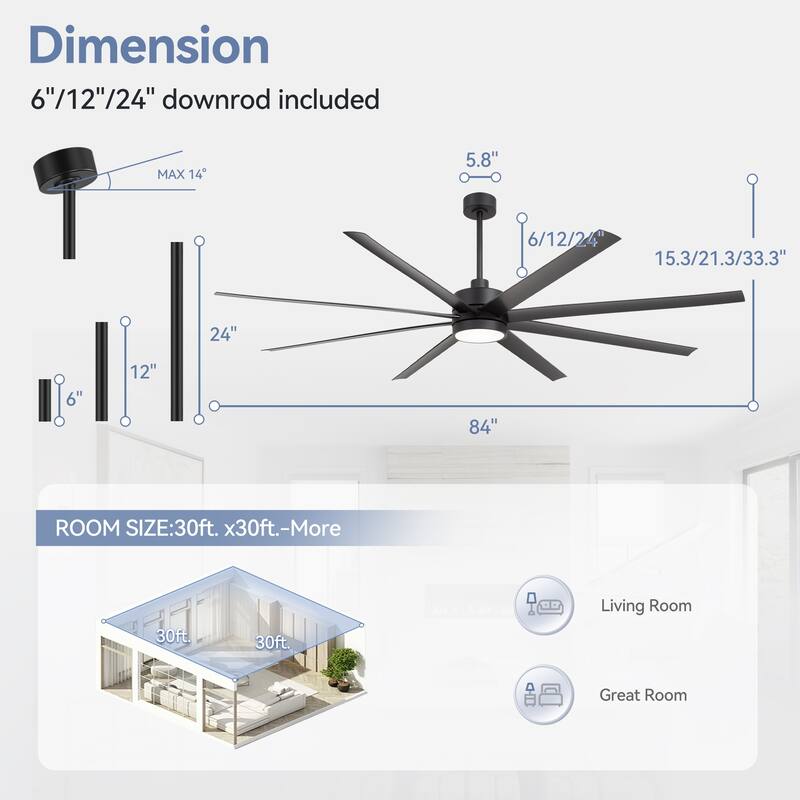 65"/72"/84" Modern LED Ceiling Fan with Light and Remote(8-Blade)