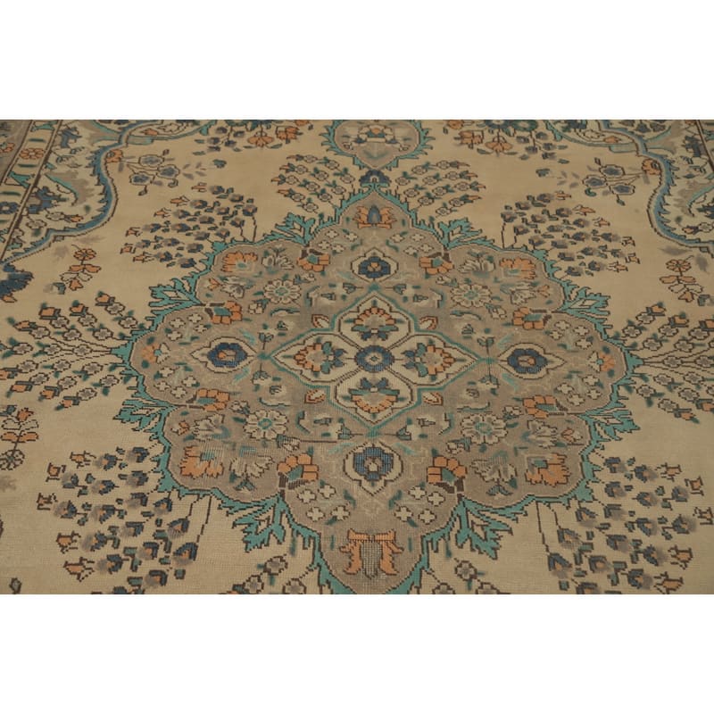 Hand Knotted Oriental 100% Wool Carpet Traditional Floral Beige & Ivories Tabriz Area Rug - 9' 3'' X 6' 2''