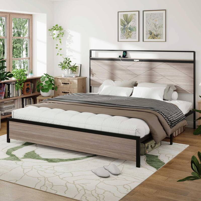 Wooden Platform Bed Frame with Storage, LED Light Headboard and 2 USB Ports, No Noise