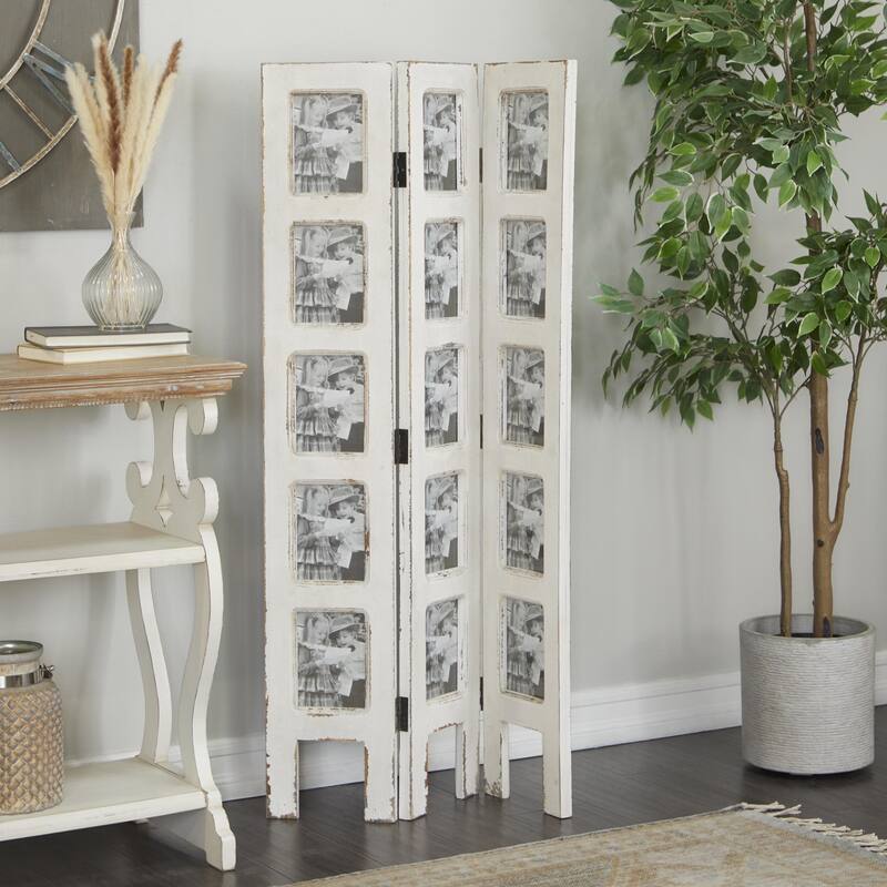 Wooden Hinged Foldable Partition 3 Panel Room Divider Screen with 15 Photo Slots - White - Roche River Decor