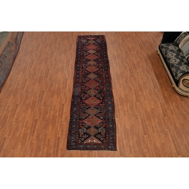 Hand Knotted Oriental 100% Wool Carpet Traditional Geometric Navy Blue & Blues Heriz (serapi) Runner Rug - 16' 4'' X 4' 0''