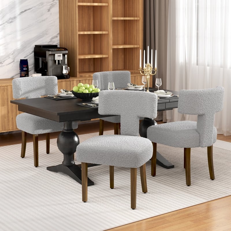 Dining Chairs Boucle Fabric Lamb Upholstered T-Shape (Set of 4) - Gray Boucle