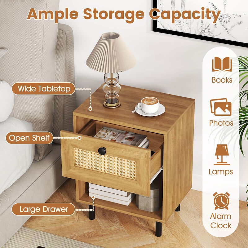 Costway 1/2 PCS Rattan Nightstand Boho End Table with Drawer & Open - See Details