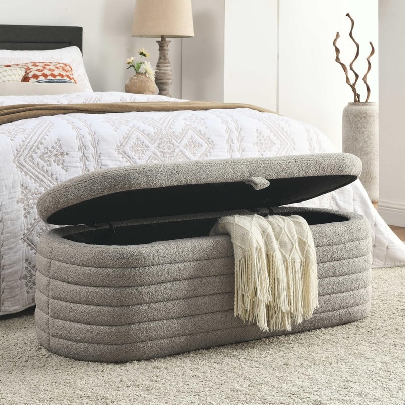 45" White Teddy Storage Ottoman Bench for Living Room Bedroom,Oval Sherpa Storage Bench Ottoman Foot Rest Anti-slip Legs - 45" - Deep Grey