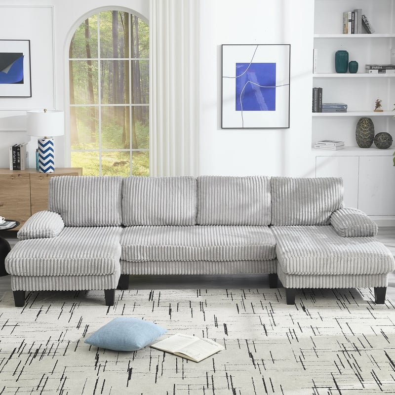 4-Seat U-Shaped Sectional Sofa with Double Chaise - Light Grey