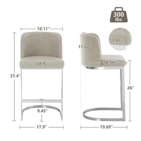 dimension image slide 6 of 13, 26-Inch Modern Upholstered Bar Stools, Counter Height Bar Stool - 18.11"W x 19.69"D x 37.4"H