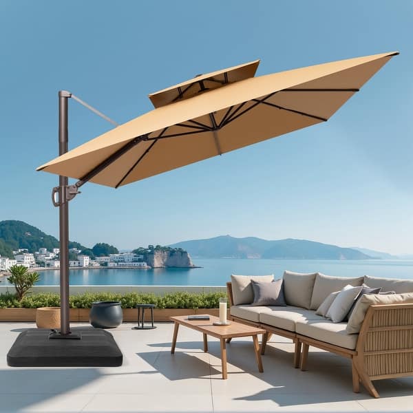 cantilever aluminum patio umbrellas LAUSAINT HOME 12FT Deluxe Umbrella Cantilever Umbrella with Base Included Heavy Duty Outdoor Garden, Backyard and intelligent lighting Bambrella Hurricane Side Wind Aluminum