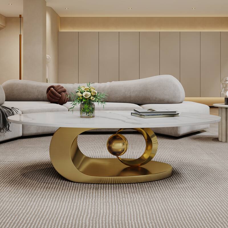 Modern Coffee Table Fish Belly White Marble Coffee Table Stainless Steel Base and Adjustable Feet, for Living Room