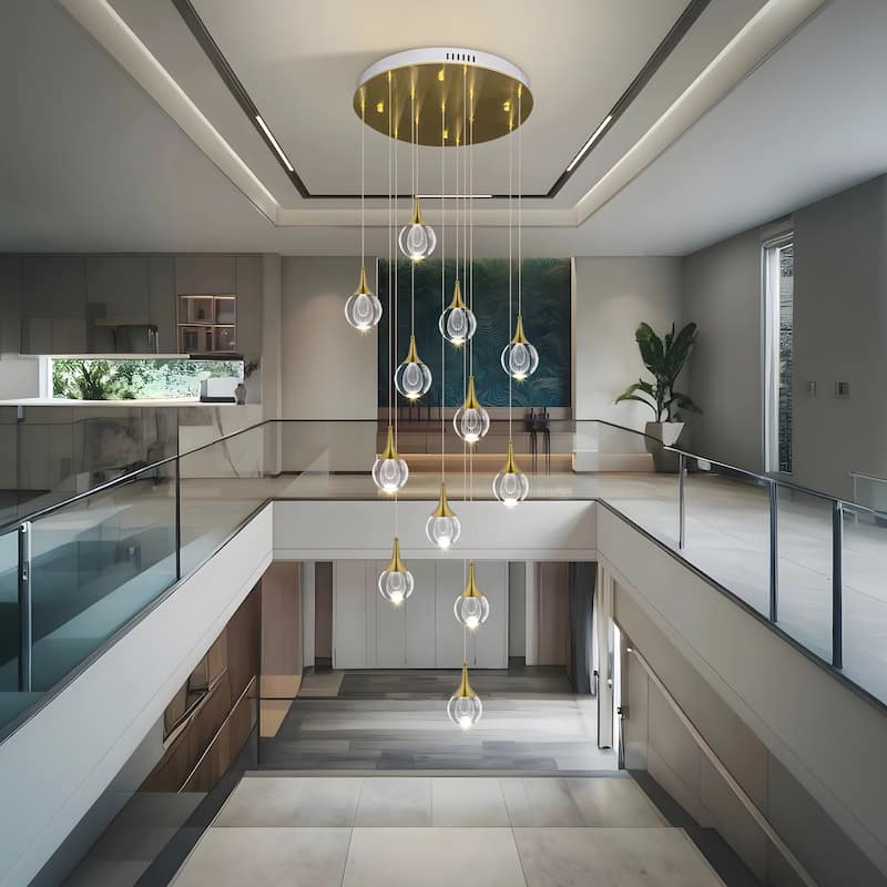 Starsky Modern 12-Light Cluster Raindrop Chandelier Stair Entryway Cluster Light for High Ceiling - Gold