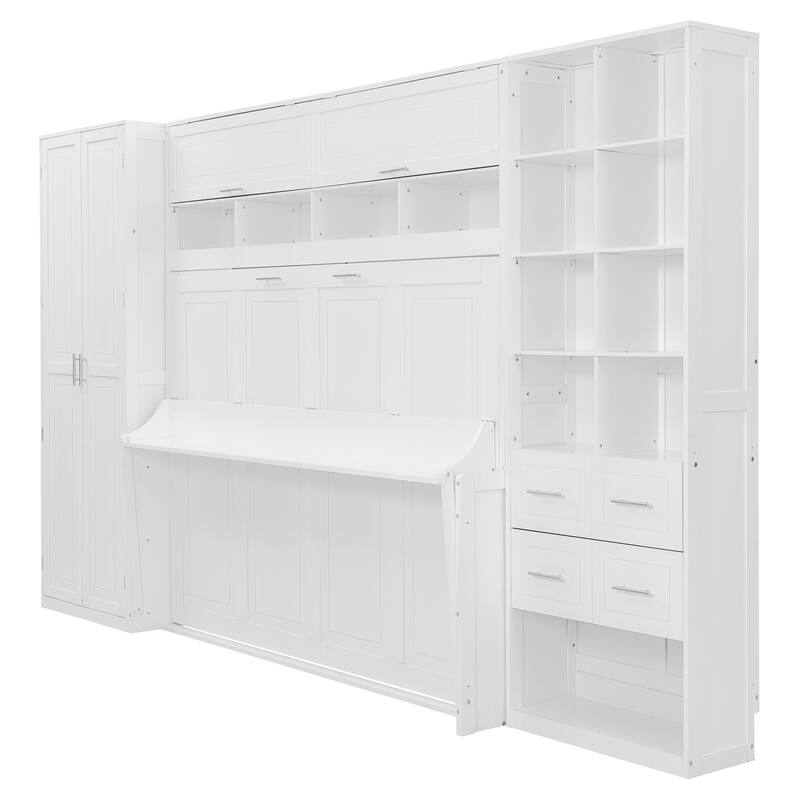 Queen Size Murphy Bed with Side Wardrobe & Flip Design, Foldable Wooden Wall Bed with Storage Drawers & Shelf for Home Office