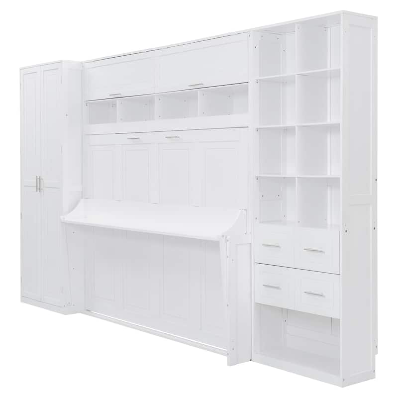 Versatile Queen Size Murphy Bed with Long Desk, Storage Folding Bed Frame with Closet, Cabinets, Drawers and Shelves